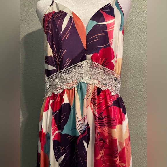 LAISHEN Women's Casual Sundress V Neck Spaghetti Strap Lace Floral Midi Dress  M - Picture 2 of 3